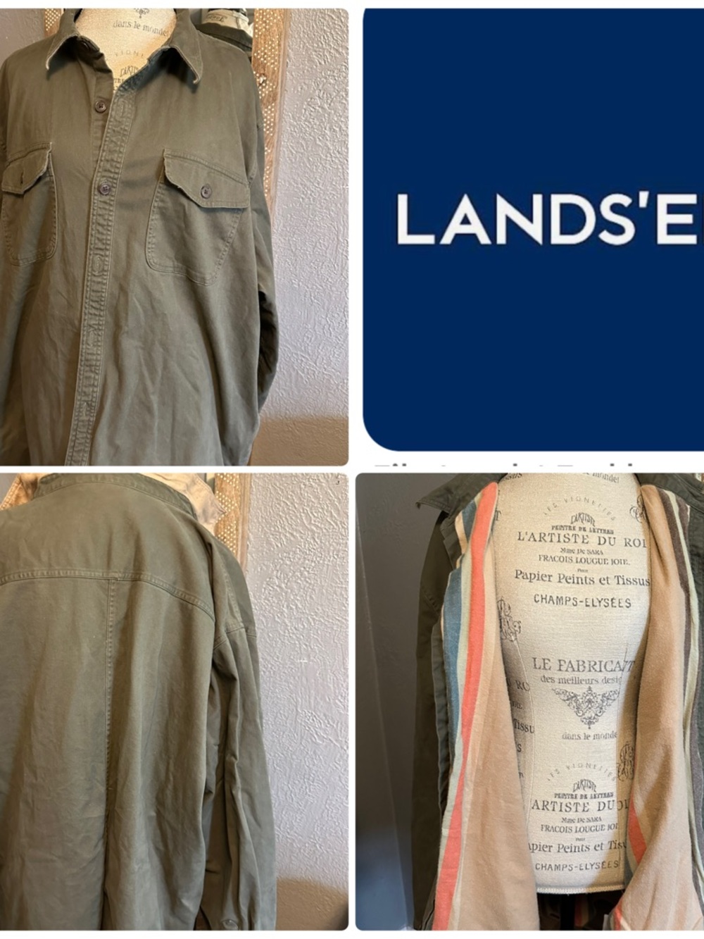Lands' End | Barn Jacket Olive Green Striped Lining
